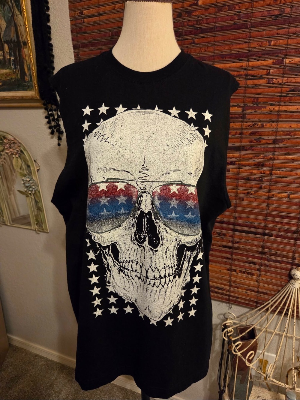 Men's Black Sleeveless Skull Tank Top with Patriotic Sunglasses